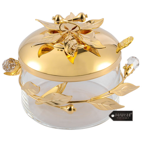 24K Gold Plated Sugar Bowl, Honey Dish, Candy Dish Glass Bowl - Flower and Vine Design with Spoon